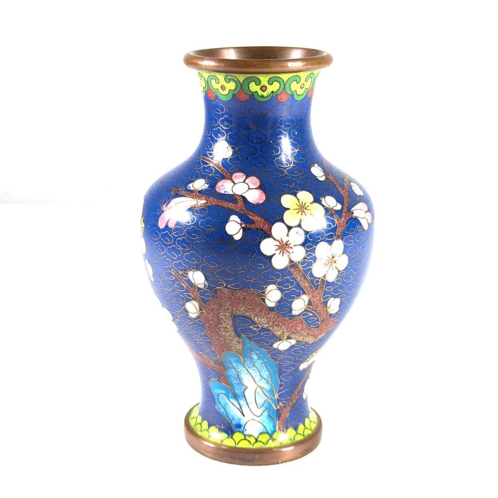 Small Blue Cloisonne vase 5 1/4" / 13 cm, Cherry blossom tree and Blue bird